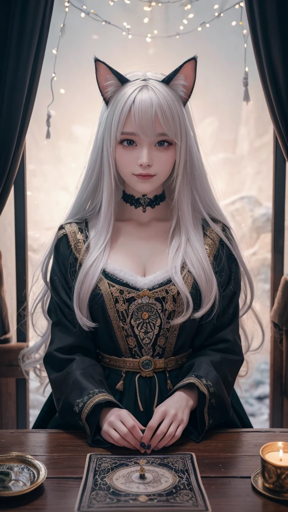 (masterpiece, highest quality, highest quality, official art, beautiful and aesthetic: 1.2), (one girl: 1.3), wavy long hair, white hair, Cat ears on the head,highly detailed portrait, highly detailed hands, looking at the viewer, alone, (whole body: 0.6), detailed background, close, shining eyes, (cold arctic winter theme: 1.1), fortune teller, Charlatan, grin, Mysterious, sitting at the table, カラフルな肩のないゆるいジプシーfortune tellerの服, holy grail, tarot cards, Crystal jade, Medieval (inner tent: 1.1) background, tent curtain on background, dark Mysterious lighting, Shadow, magical atmosphere, starry night, dutch angle, healing and guidance, transcendental beauty, fractal art, Seaweed,