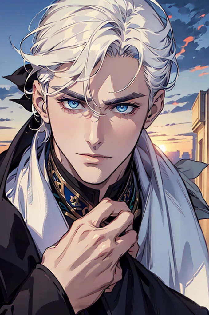 ((masterpiece:1.2, Best quality)), 4k, adult, European face, 1 person, male, , masculine, Beautiful, tall, dark casual wear, White skin, white hair, blue eyes s, portrait, sunset, man, adult man
