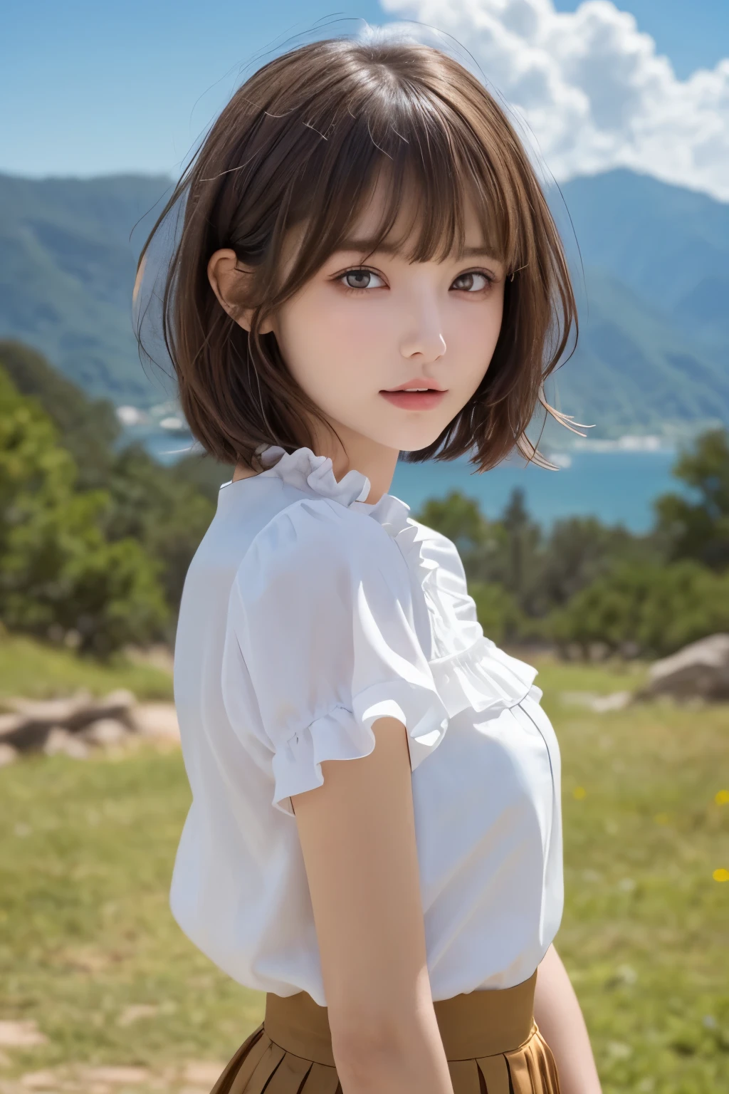 1girl, (a beauty girl, delicate girl, beautiful girl:1.3), (****:1.3),
break, (cute fashion, short sleeve, ruffle blouse:1.3), (skirt, cowboy shot),
break, (summer sky, beautiful scenery background:1.2),
break, very fine eyes, (symmetrical eyes:1.3),
break, (flat breasts:0.5), (round face, baby face), (brown eyes), parted bangs, (light brown hair, short hair:1.2),
break, (eyes and faces with detailed:1.0),
break, (masterpiece, best quality, ultra detailed, detailed face, 8k)