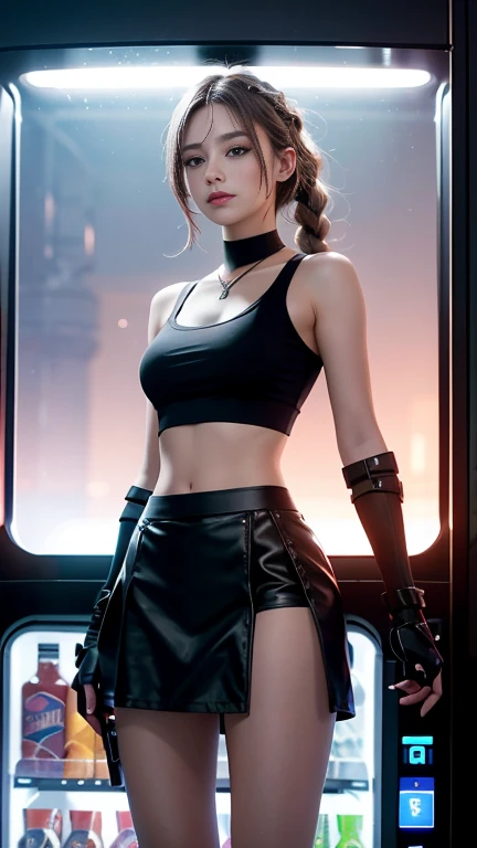 tifa lockhart, wallpaper, landscape, depth of field, night, light particles, light rays, side lighting, thighs, skirt, red eyes, brown hair, thigh high socks, arm sleeves