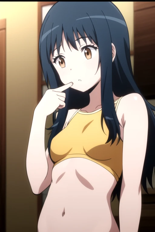 Kyoto animation, female, long hair, black hair, dark blue eye, cute face, thick eyebrows, big breast, sexy butt, slim body, sexy thigs, naked, flushed face, closed eye, incoming kiss, naked