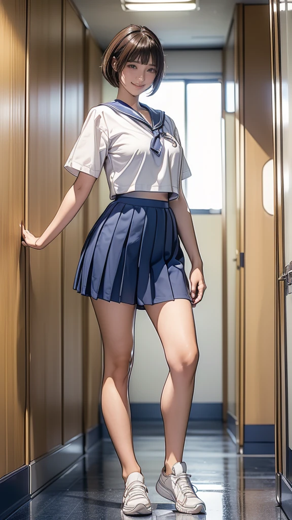 (masterpiece,Best Quality,High resolution,Realistic,photograph:1.2),(One high school girl:1.2), (((Short-sleeved sailor suit), Navy blue pleated skirt),(White sneakers),White socks),(Smiling with some teeth showing and eyes narrowed:1.3),(Bobcut,Brown Hair,Natural Makeup, Eyelash extensions, Make your eyelashes thinner and longer:1.3),(Cowboy Shot:1.3),(japanese women:1.2),(Clothes that fit:1.2),(School corridor:1.3), (The subject is viewed from below:1.2), (Panty shot:1.3), (Random sexy poses, Leg spread, Crouch down and stand on tiptoes:1.3)