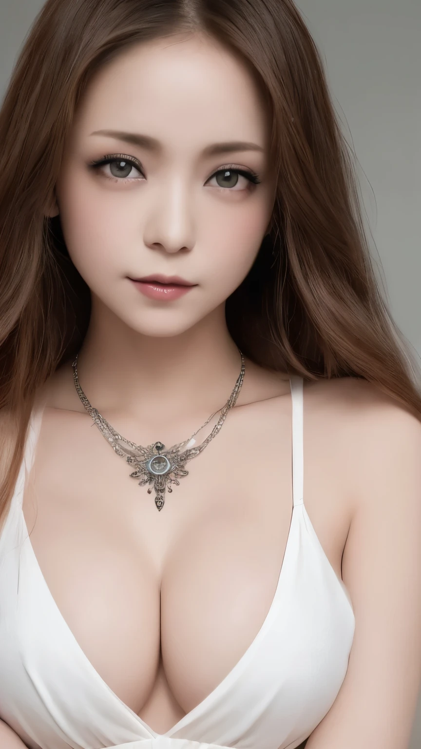 Tabletop、Close-up shot of face、(8k、RAW Photos、Best Quality、masterpiece: 1.2)、Gothic Makeup:1.4、Beautiful big brown eyes、Glowing White Skin、A very cute and very beautiful young woman、((Big Breasts:1.2))、Sexy Dress、Gorgeous necklace、Blurred black background:1.5、Photo Studio、Cinema Lighting、Professional Photographer