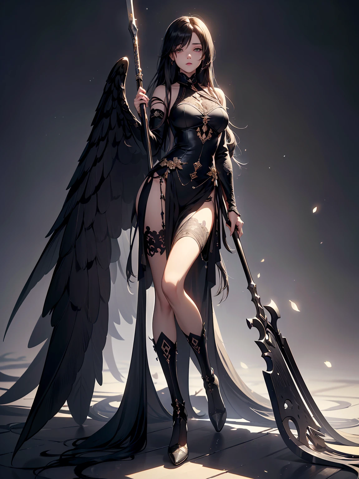 (((masterpiece, best quality, high detailed, 16k))) (1girl) A solemn and serene woman with long, flowing black hair and soft silver eyes. She wears a dark, ethereal armor that seems to be woven from shadows. Her black wings are enormous and majestic, and she carries a scythe made of pure, shimmering darkness. ((full body front view)), (extremely detailed:1.5)
