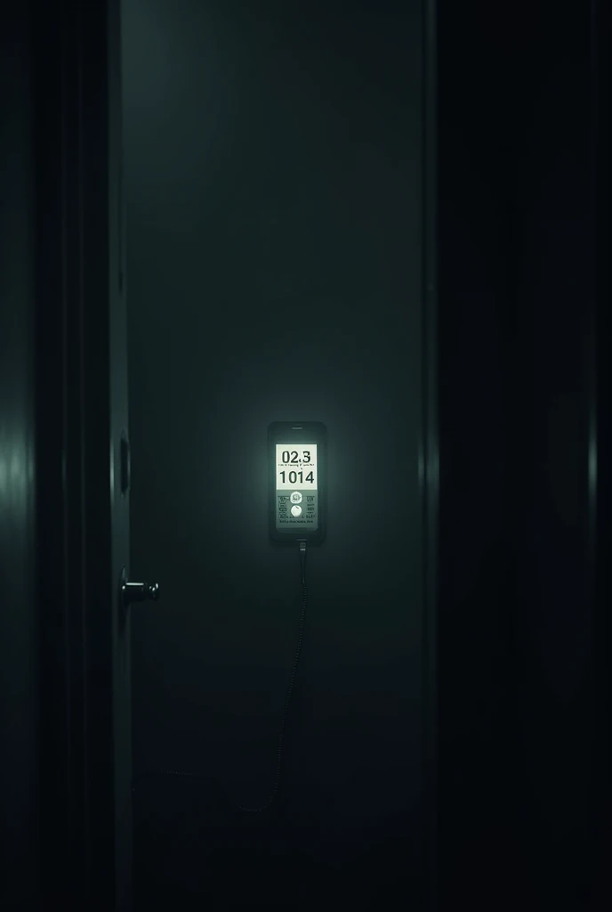 Text "(Behind You:1.4)" written on a broken iPhone lying on the bloody floor of a dimly lit asylum hallway.