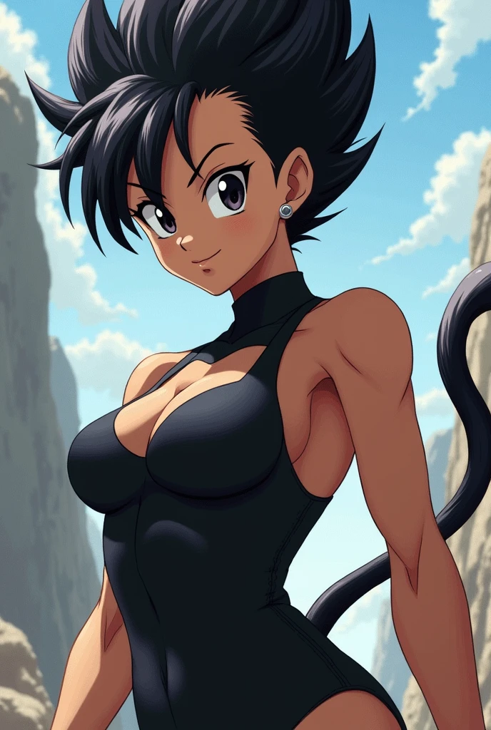 Sexy dragon ball z lady sexy spike hairs sexy muscular body, posing sexy, perfect eyes, looking to camera, low angle camera, nipple bumps