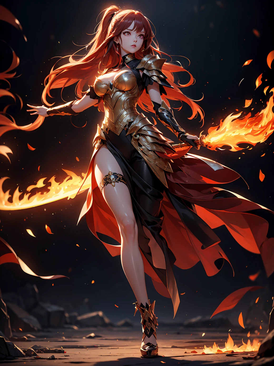 (((masterpiece, best quality, high detailed, 16k))) (1girl) A fierce and majestic goddess with long, flowing crimson hair that flickers like flames, and burning amber eyes. She wears an armor made of molten lava and glowing red crystals, with flame-like patterns dancing across her body. Her presence radiates intense heat, and she wields a massive flaming sword. ((full body front view)), (extremely detailed:1.5)
