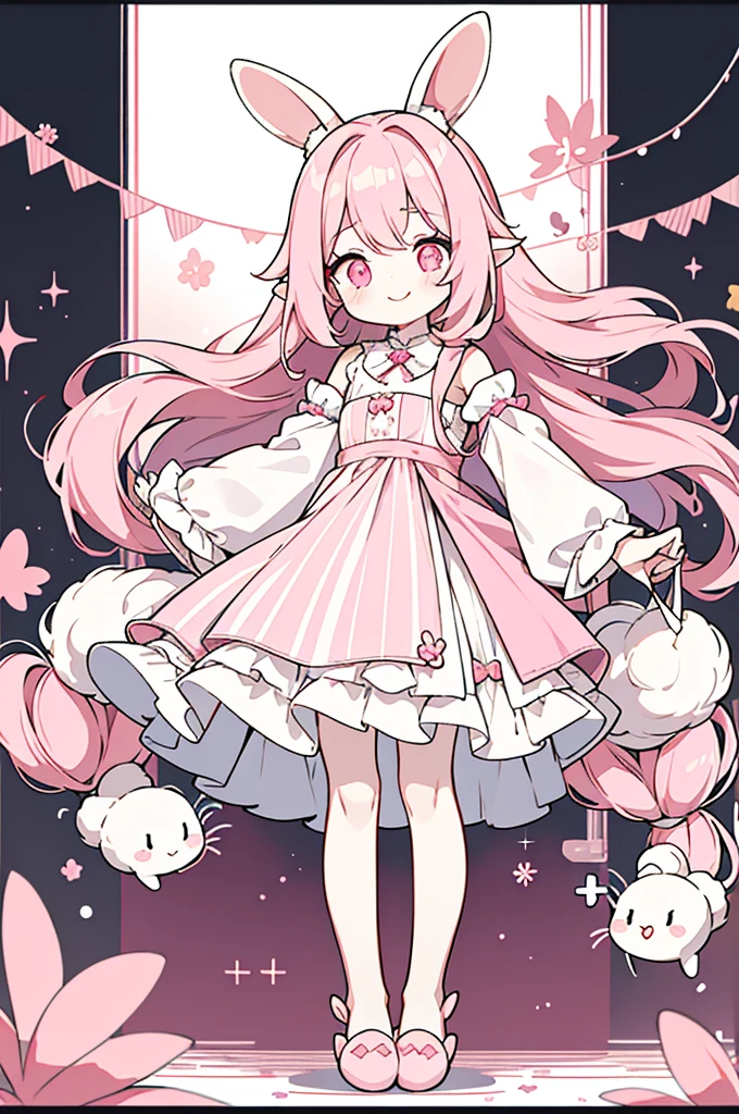 Steppiece, Best Quality, Cute, kawaii, 1girl in, Solo, (Long Hair Pink Long Hair、Pale pink long hair、)((Pink striped dress))Pink striped pattern、Pink eyes、Delicate eyes、Cute eyes、smil、Smile subtly、Pink slippers、slippers、((Pink slippers))(8K)((non-sleeve))Rabbit ears、Rabbit tail、((Long、Hair is down、Long))