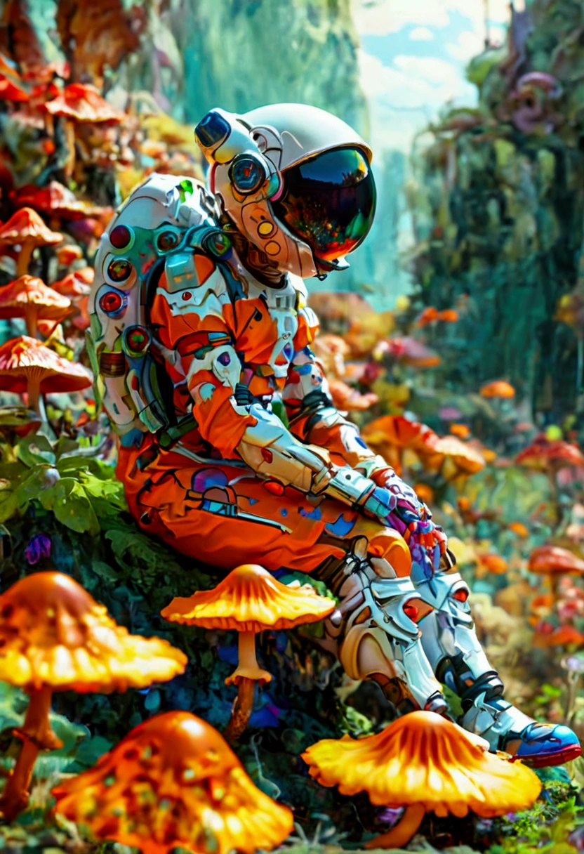 A Martian sitting on a colorful mushroom