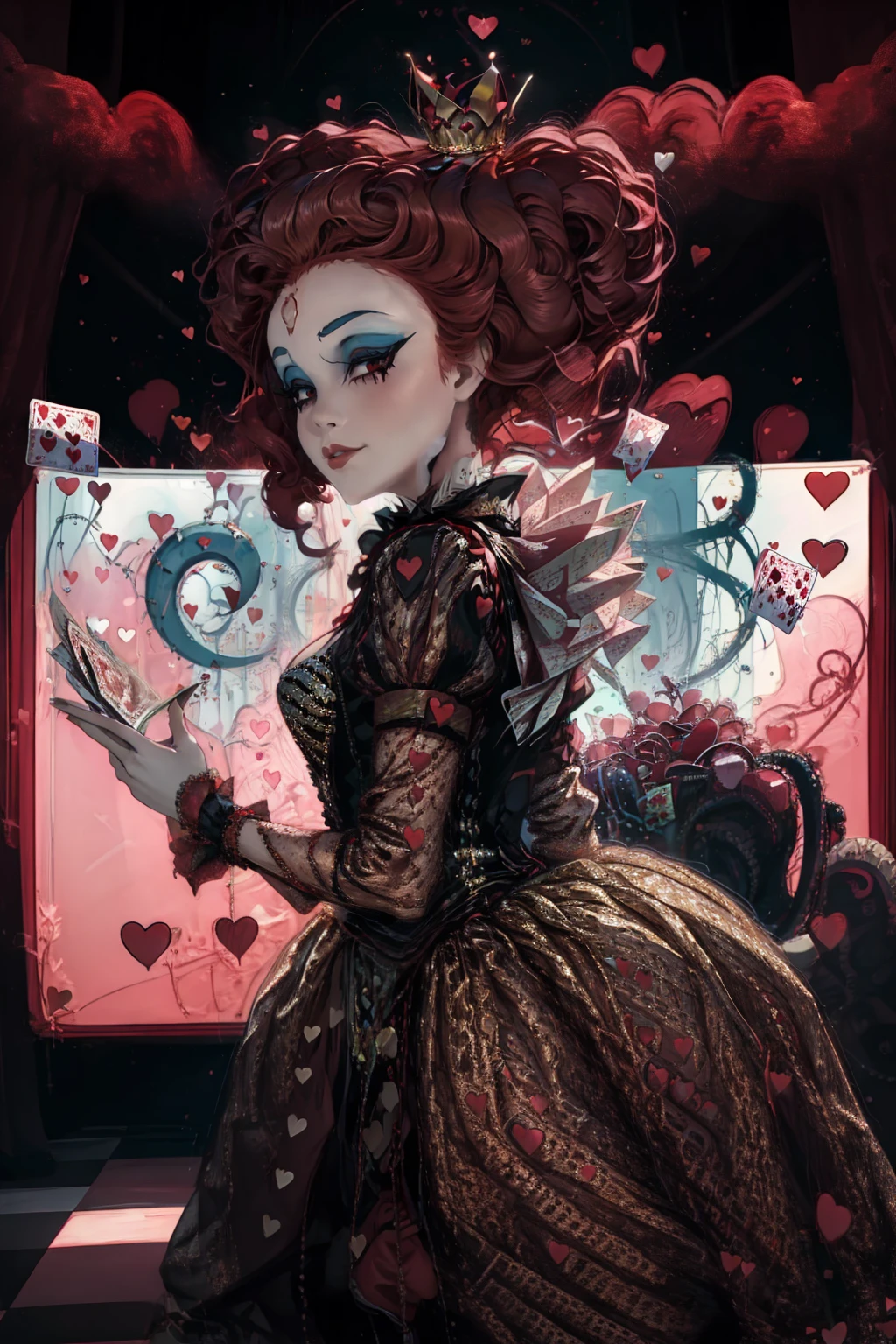 Em um luxuoso cassino, A stunning woman wears an exquisite dress adorned with heart symbols, embodying the royal presence of the Queen of Hearts. Surrounded by a backdrop of poker cards and chips, She exudes confidence and seduction, convidando os jogadores a testar sua sorte e habilidades no jogo de azar. short curly hair, cabelos vermelhos (red hair ) (queen of hearts), sorrindo, sorriso largo, backwards, looking back, (smilling)