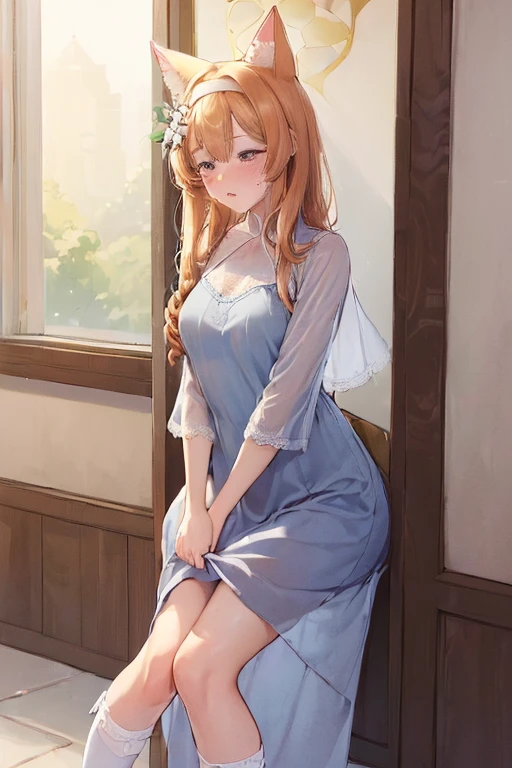 masterpiece, best quality, nsfw,
1girl, view from below,
lift up the skirt, white dress, white panties, orange hair, embarrassed face,
a lot of sweat, bedroom, late night