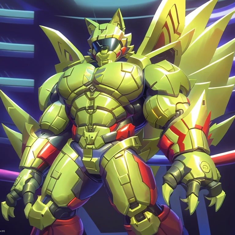 (freddy wolf, 8K), (freddy wolf's giant robot, Powered exoskeleton with the same design as freddy wolf), (Masterpiece, highres) (Detailed head, Detailed Body, Detailed abs, full body) (gigantic muscles, Gigachad Muscular, big muscle, pecs, triceps, traps, unusually developed muscular body, body full of huge muscles. showing off muscles, pectorales enormes, Exaggeratedly huge muscles.) (nj5furry, The claws are sharp, Sharp teeth, sharp claws), (long legs), (Spread wings, It has wings, have big wings, golden wings), (Wrestling, wrestler, the bodybuilding), (It has wings, whole body shines like metal, Wearing cyberpunk mecha, emphasizes the muscles, suit fully made of metal, intricate armor, Robotic suit, suit fully made of metal, cyborg), menacing pose, The whole body is golden. no face. BULK UP. The whole body is golden. wearing a full-face helmet. no blue. no face. He is wearing sunglasses. The face is hidden inside the helmet and cannot be seen.