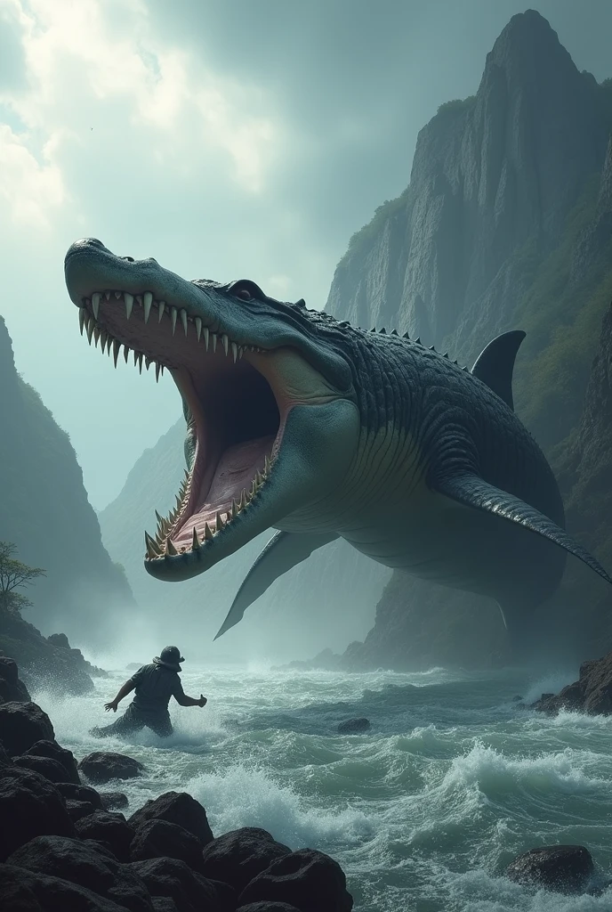Great white shark coming out of the belly of a huge alligator with a look of hatred in the Amazon River