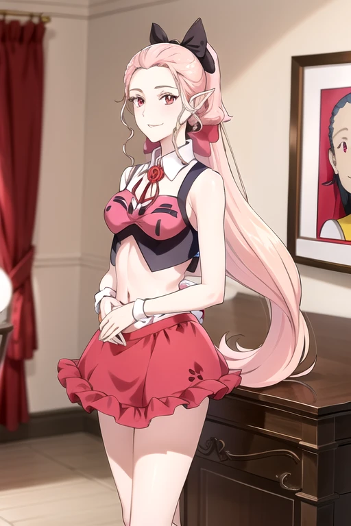 best quality, work of art, detailed,
ix elizabetta,
light smile,
naughty hair very long hair, ponytail, red eyes, Bright, pointy ears, Hair bow, 
Cheerleader uniform , black topper tight mini red skirt, navel, sleeveless standing, looking at the viewer,
inside the house, perfect legs 