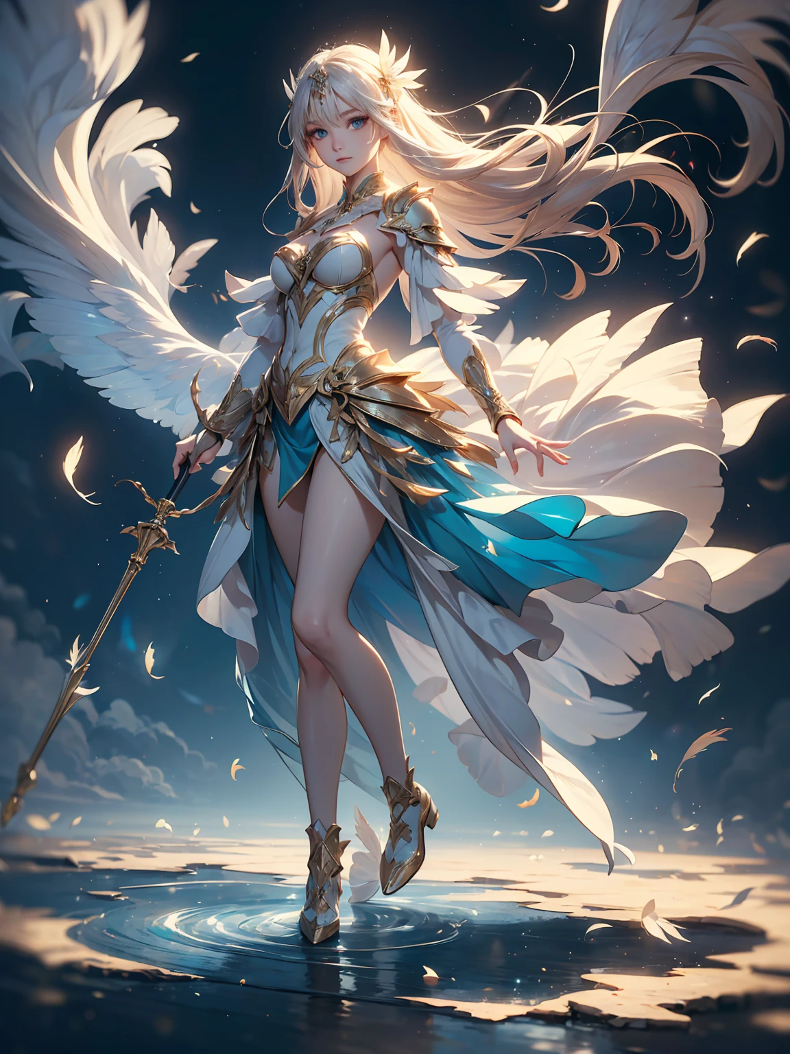 (((masterpiece, best quality, high detailed, 16k))) (1girl) A graceful and ethereal goddess with long, flowing white hair that moves as if caught in a perpetual breeze, and soft sky-blue eyes. She wears a light, airy armor that seems to be made of swirling wind and clouds. Her movements are as fluid as the wind, and she holds a staff adorned with floating feathers and gusts of air. ((full body front view)), (extremely detailed:1.5)
