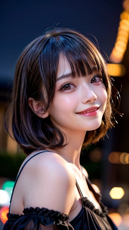 (A very cute 20 year old young woman from Japan),  ((delicate hair between brown and blonde)), ((messy side wave short hair)),(((Slender and slender body type)))，medium bust size､small breasts､ (((clean hands)))，(curly hair)，(((very kind smile))), (((she wears black lace panties)))，(((she is wearing a black knitted dress))) ((top quality, 16k, table top: 1.3)), light shines on your face, highly detailed face, highly detailed lips, fine eyes,