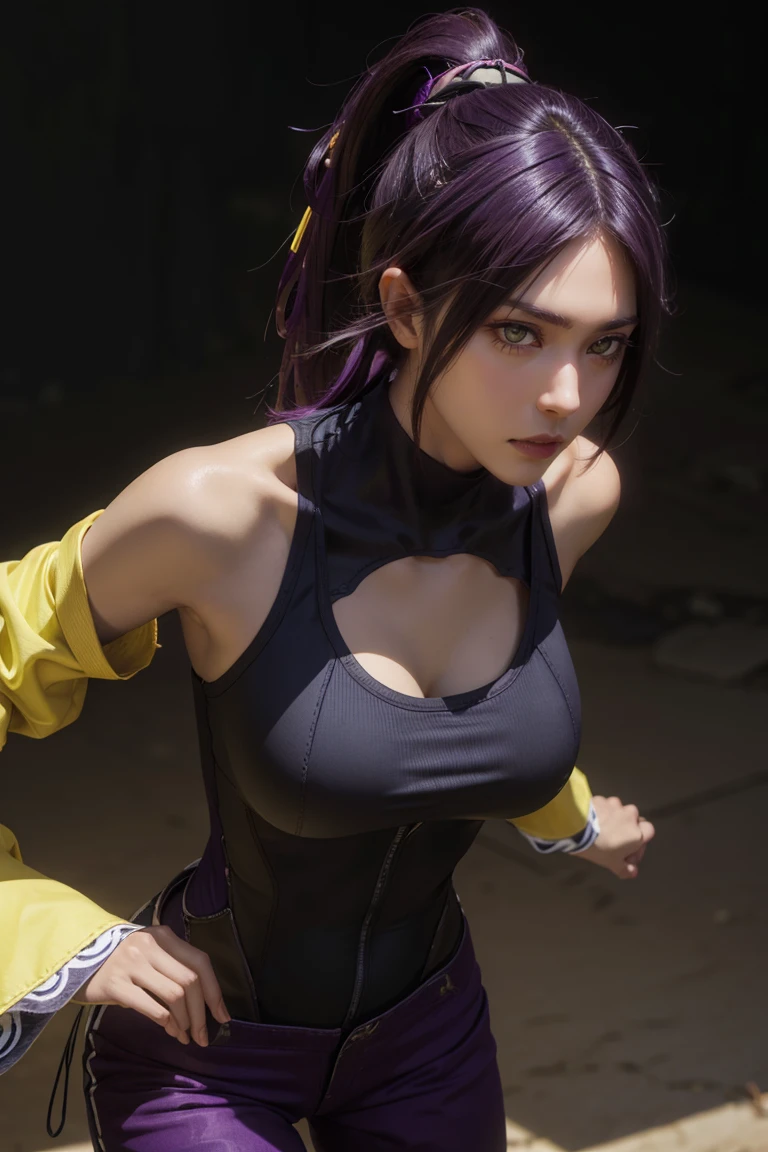 big ,cleavage,yoruichishihouin, yoruichi shihouin, long hair, (yellow eyes:1.5), ponytail, purple hair, dark skin, dark-skinned female,
BREAK bodysuit, black bodysuit, bare arms, bare shoulders, 
BREAK outdoors,
BREAK looking at viewer, (cowboy shot:1.5),
BREAK (masterpiece:1.2), best quality, high resolution, unity 8k wallpaper, (illustration:0.8), (beautiful detailed eyes:1.6), extremely detailed face, perfect lighting, extremely detailed CG, (perfect hands, perfect anatomy),