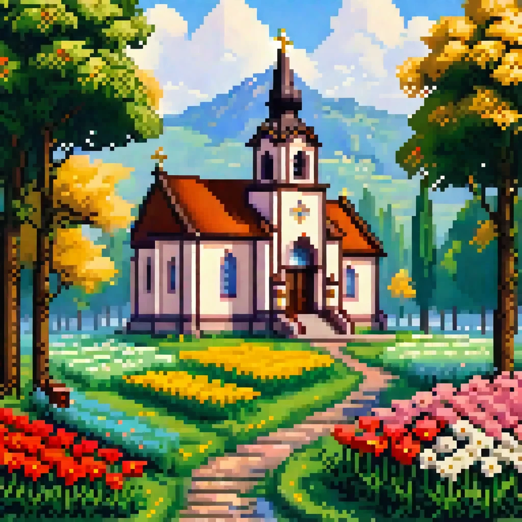 a catholic church isolated in a flowery field in pixel art style