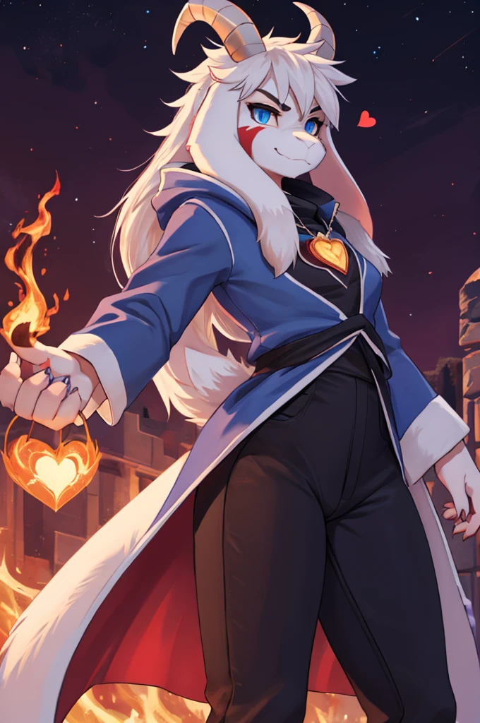 woman, young adult, angry, black marks on her body, alone, in a destroyed kingdom, there is a giant phoenix behind the woman, flaming phoenix, furry, goat, anthropomorphic goat with red fur, scarlet fur, flaming fur, Asriel, Undertale ((Asriel Dreemurr)), average big breasts, big ass, wide hips, perfect female body, tall, ((long hair, long white hair, straight hair)), blue eyes, anthropomorphic face, cartoon, smile, coat Eskimo ((blue coat, no design, Eskimo coat)), reddish fur (flaming color, scarlet color) metacarpal paw, black blouse ((white heart in the middle, black pants)), wears a golden heart pendant, tail goat, short horns, white horns ((droopy ears, big ears)), goat paw, anthropomorphic paw, detailed, best quality, best detail, details and quality.