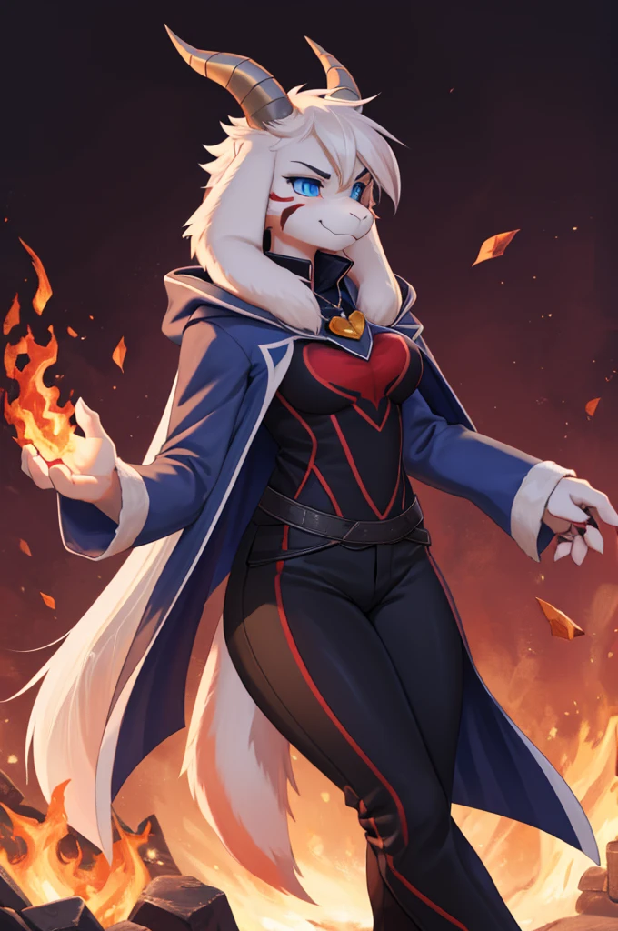 woman, ***** adult, angry, black marks on her body, alone, in a destroyed kingdom, there is a giant phoenix behind the woman, flaming phoenix, furry, goat, anthropomorphic goat with red fur, scarlet fur, flaming fur, Asriel, Undertale ((Asriel Dreemurr)), average big breasts, big ass, wide hips, perfect female body, tall, ((long hair, long white hair, straight hair)), blue eyes, anthropomorphic face, cartoon, smile, coat Eskimo ((blue coat, no design, Eskimo coat)), reddish fur (flaming color, scarlet color) metacarpal paw, black blouse ((white heart in the middle, black pants)), wears a golden heart pendant, tail goat, short horns, white horns ((droopy ears, big ears)), goat paw, anthropomorphic paw, detailed, best quality, best detail, details and quality.