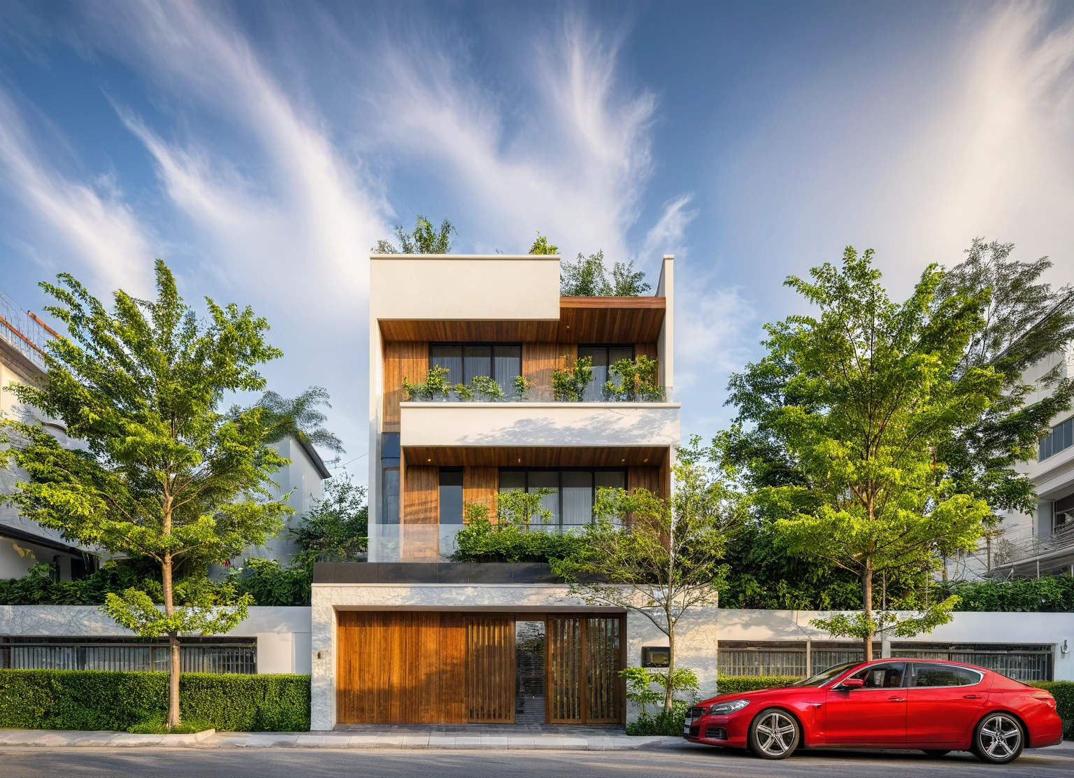 modern townhouse on street, (sunset), tropical tree, vivid colour, streetcapes, white tone, white wall, large glass door, (warm interior lighting:1.2), wood and marble, best quality, 18ArchiAI_VL-v1