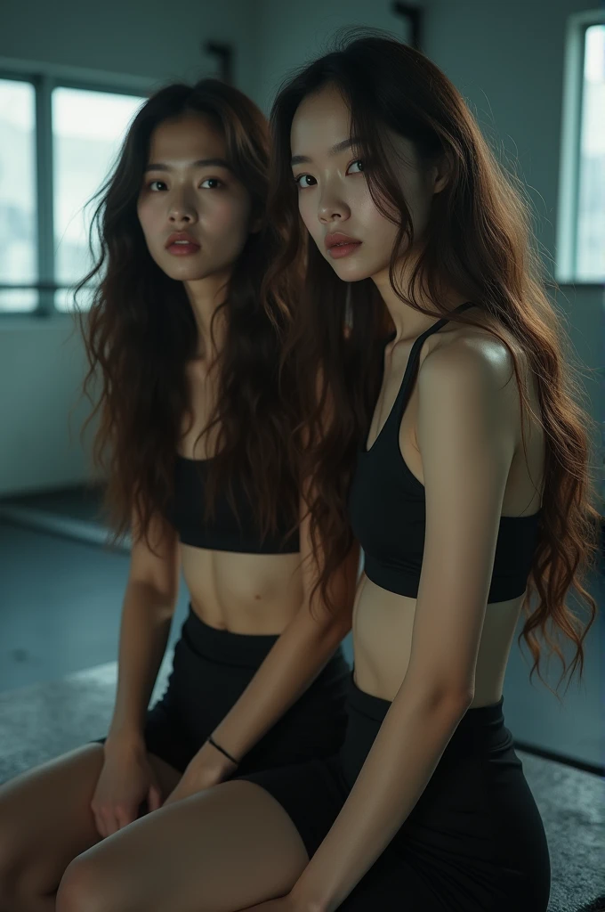 Two girls from blackpink group Lisa and Jennie kissing sitting on chair sexy position in gym tight dress wet dress sports bra bog  big butt red hair  in dark light clear and no mistake