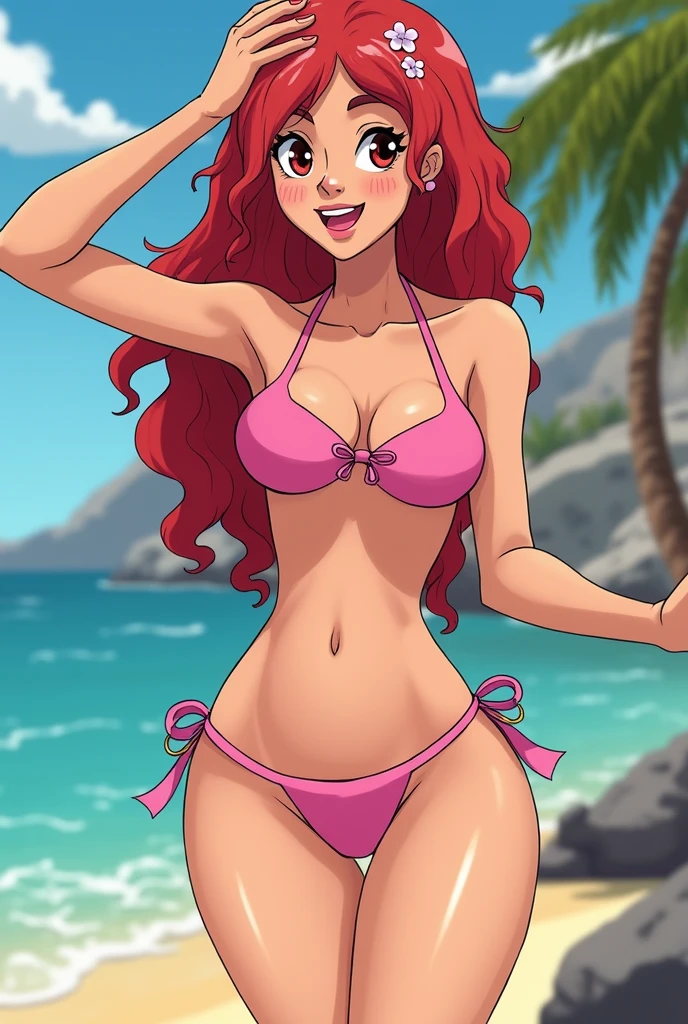 UruRan, masterpiece, best quality, 1girl, beach, bikini, smile