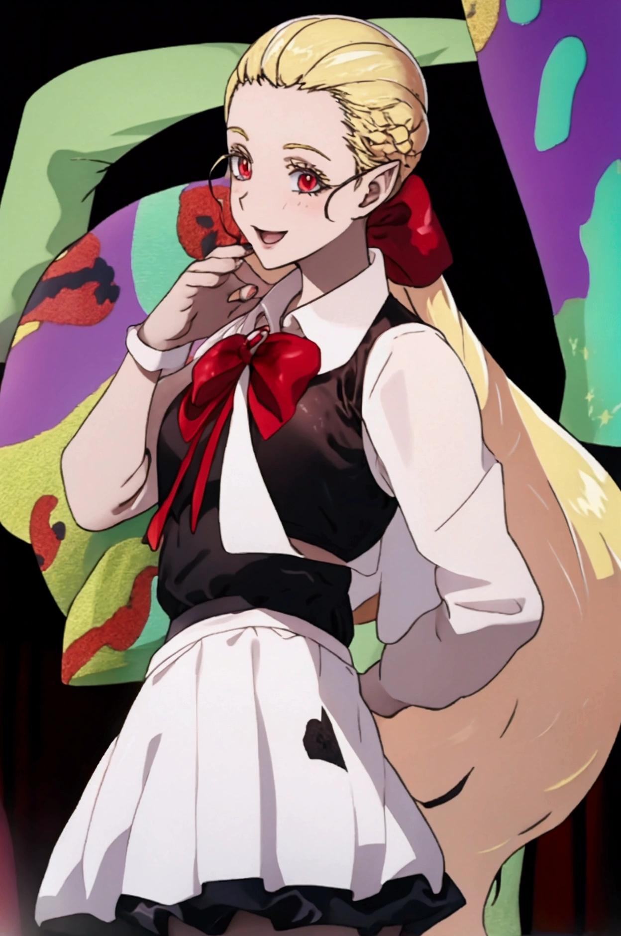 best quality, work of art, detailed,
ix elizabetta,
light smile,
blonde hair, very long hair, ponytail, red eyes, Bright, pointy ears, Hair bow, 
Gym Uniform, short leather shorts , black sleeveless stand up topper, looking at the viewer,
inside the academy 