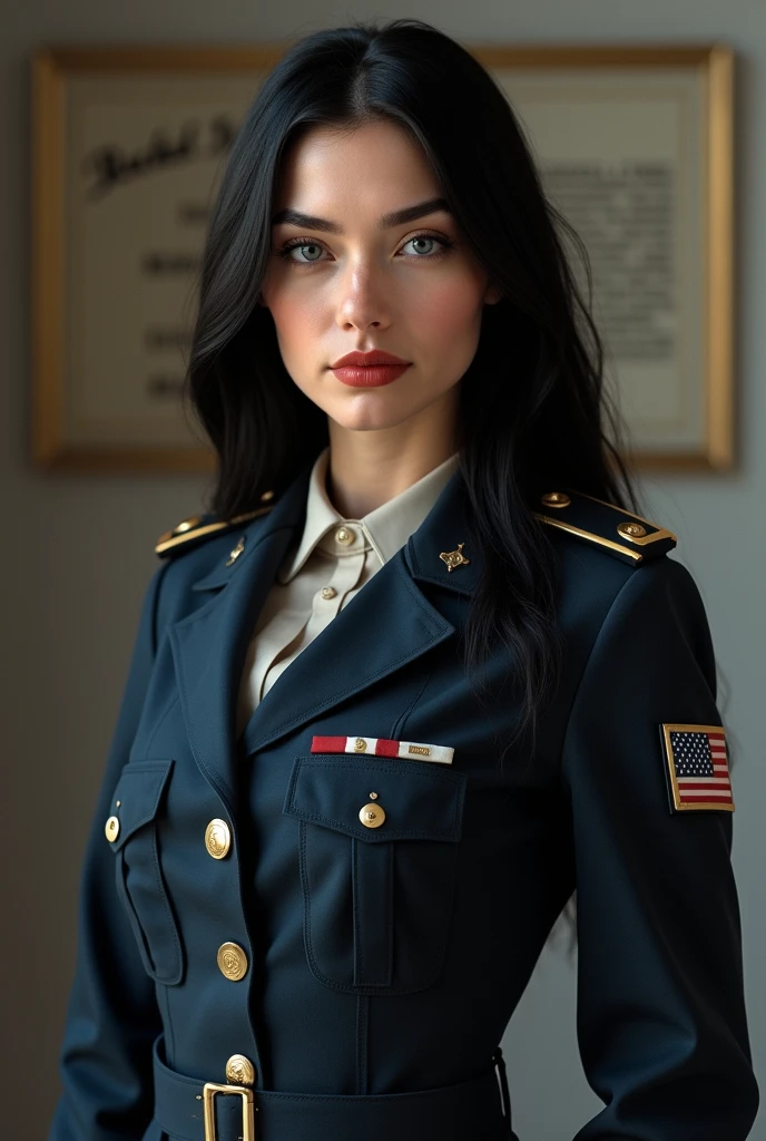 girl in military uniform, blue eyes, fast tense pose, model face