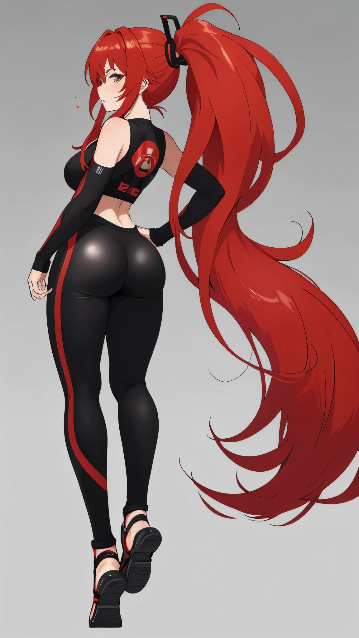 Tall Anime Girl, DETAILED IMAGE, Small breasts, Red Long Curly Hair, WITHOUT BANGS, full body, cleavage, Thin Waist, Wide Hips, Gym clothing, smile expression