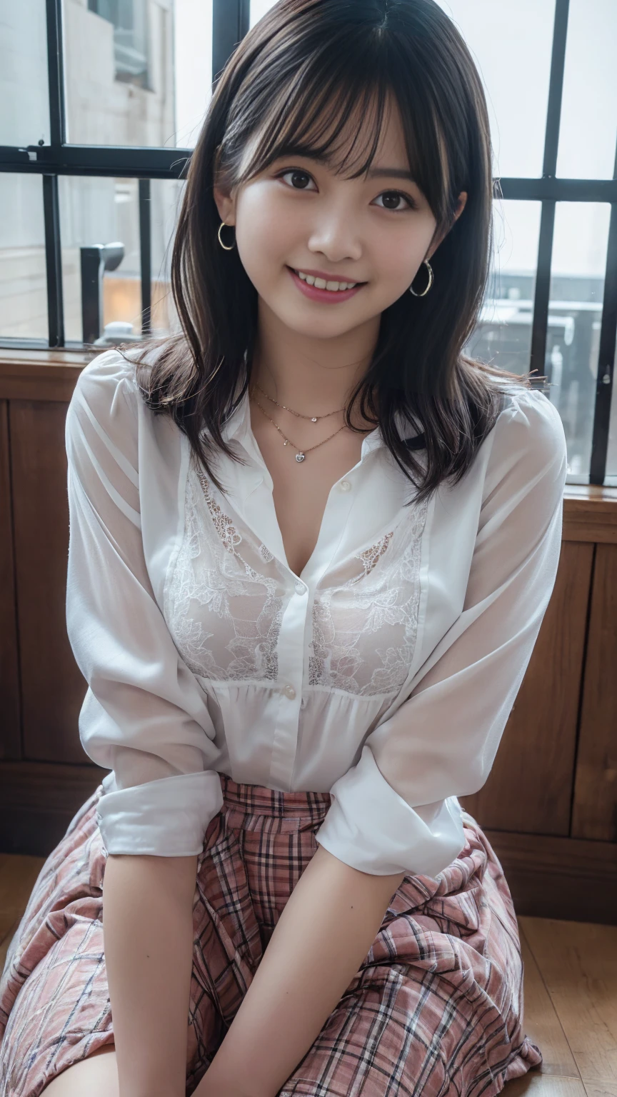 19-year-old woman、Hair color is a gradation of brunette and purple、Eye color is blue、Longhaire、hair is wavy、setting the hairstyle、wearing eye shadow and lipstick、accessories on wrist、Slender but well-proportioned muscular body、a smile、wearing a blouse、huge tit、wearing a pleated skirt、wearing a lace choker、She is sitting on a chair in front of the dressing table, having her hair done and makeup done by a stylist.