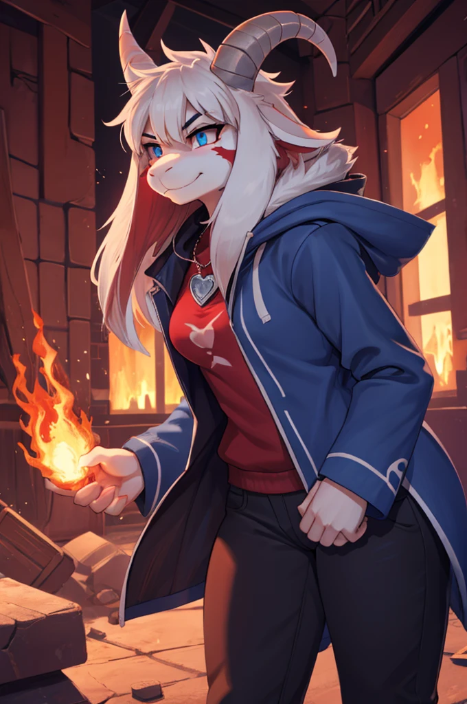 woman, young adult, angry, black marks on her body, alone, inside a destroyed city, destroyed city, phoenix in flames, furry, goat, anthropomorphic goat, with red fur, her fur is red, reddish furry, red furry , scarlet fur, flaming fur, Asriel, Undertale ((Asriel Dreemurr)), average large breasts, big ass, wide hips, perfect female body, tall, ((long hair, long white hair, straight hair)), blue eyes, anthropomorphic face, cartoon, smile, eskimo coat ((blue coat, no drawing, eskimo coat)), reddish fur (flaming color, scarlet color) metacarpal paw, black blouse ((white heart in the middle, black pants)) ,wears a golden heart pendant, goat's tail, short horns, white horns ((droopy ears, big ears)), goat's paw, pupils (slit shape), black eyes, anthropomorphic paw, detailed, best quality, best detail, details and quality.