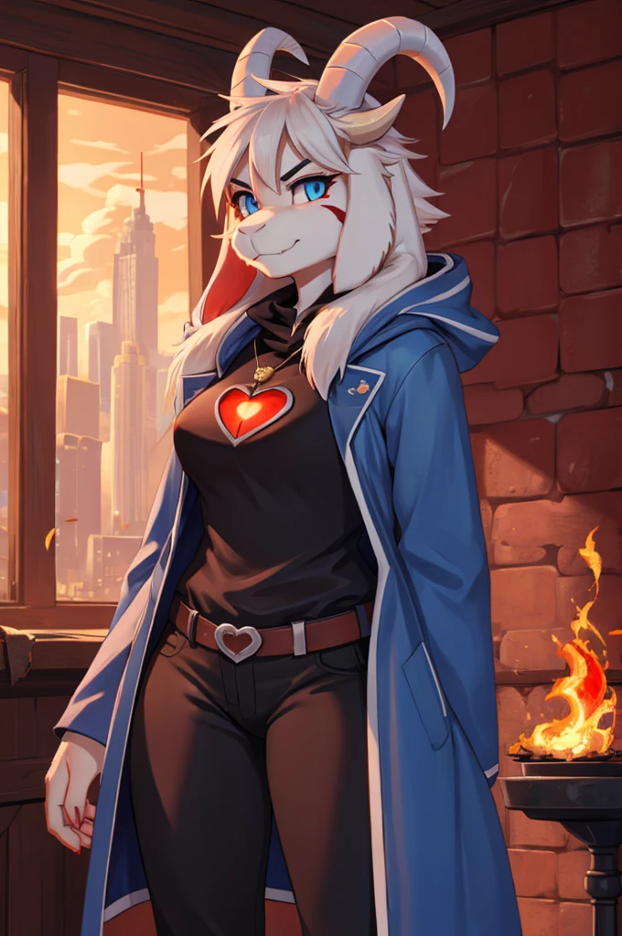 woman, young adult, angry, black marks on her body, alone, inside a destroyed city, destroyed city, phoenix in flames, furry, goat, anthropomorphic goat, with red fur, her fur is red, reddish furry, red furry , scarlet fur, flaming fur, Asriel, Undertale ((Asriel Dreemurr)), average large breasts, big ass, wide hips, perfect female body, tall, ((long hair, long white hair, straight hair)), blue eyes, anthropomorphic face, cartoon, smile, eskimo coat ((blue coat, no drawing, eskimo coat)), reddish fur (flaming color, scarlet color) metacarpal paw, black blouse ((white heart in the middle, black pants)) ,wears a golden heart pendant, goat's tail, short horns, white horns ((droopy ears, big ears)), goat's paw, pupils (slit shape), black eyes, anthropomorphic paw, detailed, best quality, best detail, details and quality.