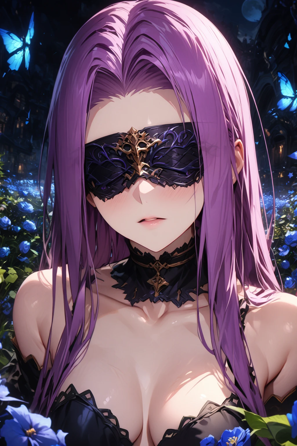 absurdres, highres, ultra detailed, HDR, master piece, best quality, extremely detailed, detailed face, Medusa, Rider, long light-purple hair, Fate Stay Night, blindfold, choker, black  dress, detached sleeves, black boots, garden, blue flowers, blue butteflies, fantasy, magical, blue moon, night