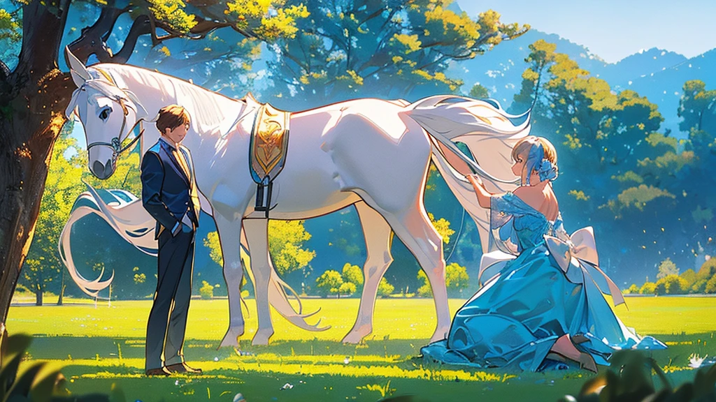 High resolution, masterpiece,One man and one woman、 Princess Prince、white horse王子、fairy tales、castle、white horse、The Forest