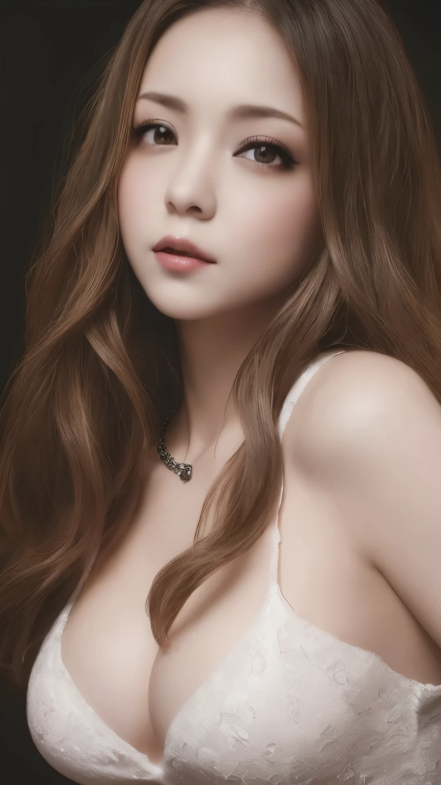 Tabletop、Close-up shot of face、(8k、RAW Photos、Best Quality、masterpiece: 1.2)、Gothic Makeup:1.4、Beautiful big brown eyes、Glowing White Skin、A very cute and very beautiful young woman、((Big Breasts:1.2))、Sexy Dress、Beautiful Necklace、Blurred black background:1.5、Photo Studio、Cinema Lighting、Professional Photographer
