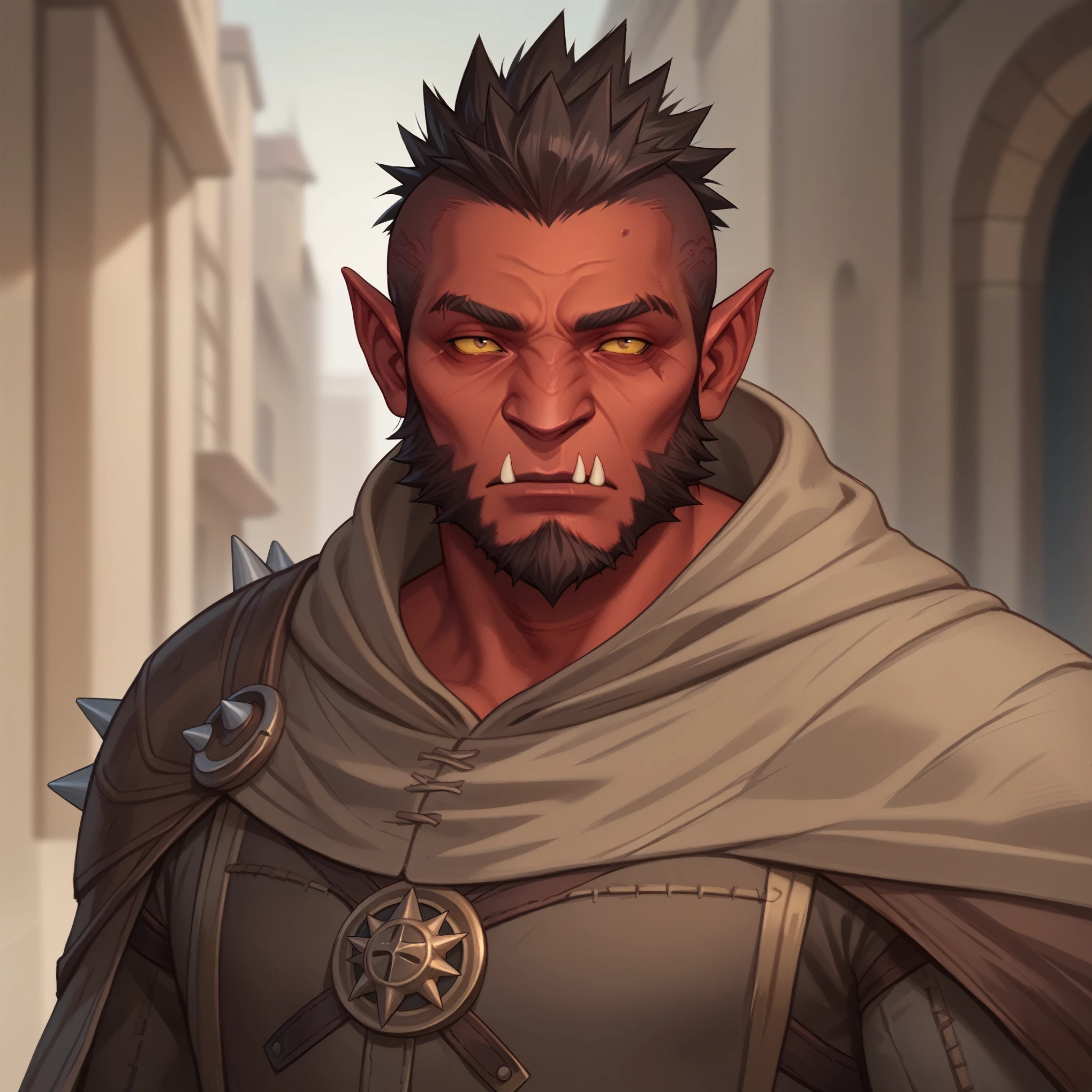 (((high quality, comics style, detailed face))), score_9, score_8_up, score_7_up, BREAK, portrait, solo1:1, male Hobgoblin, red skin, fangs, big nose, tall, ((short gray-headed, spiked hair, square jaw, short beard, mature, 50yo)), brown monk tunic, hood on head, monk, cleric, fantasy city, blurred background, face focus, Expressiveh, detailxl