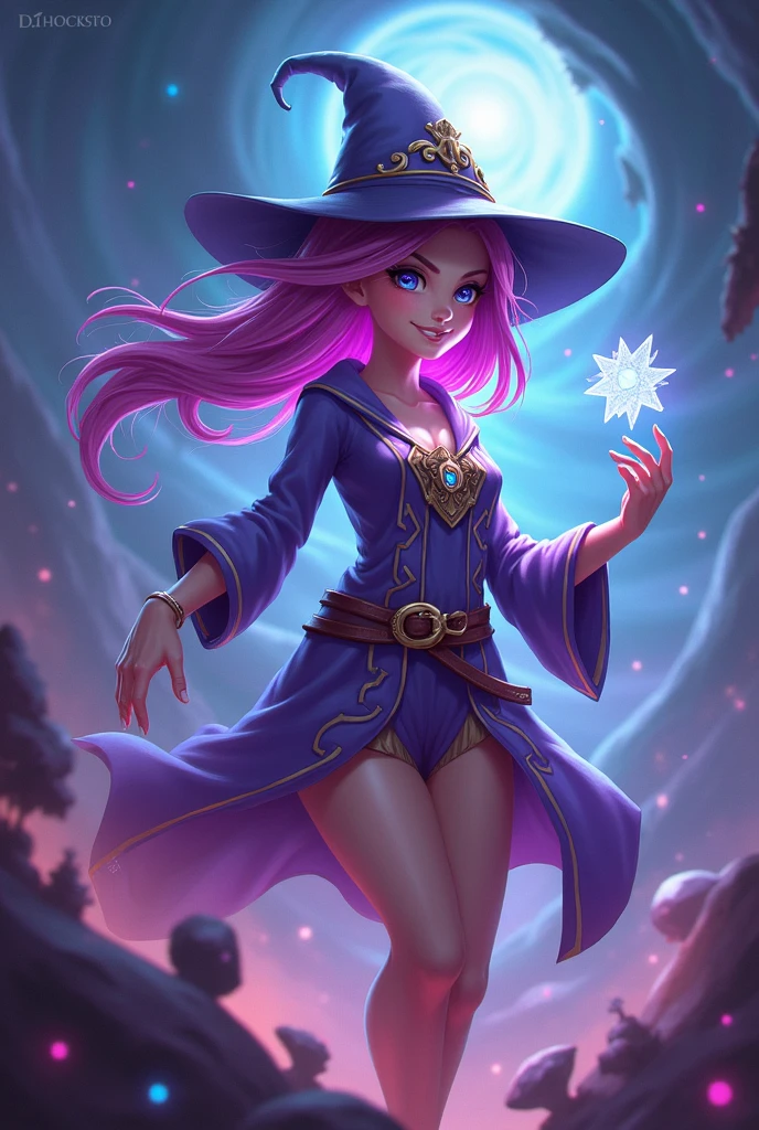 Detailed textures, high quality, high resolution, high accuracy, realism, color correction, correct lighting settings, harmonious composition. the cover of the art book "Harlequin dreamer" in a witch cat costume on a futuristic background, 1 girl, chest, witch hat, hat, cat ears, smile, parted lips, jewelry, earrings, solo, neckline, gemstone, holds in her hands, looks at the viewer, long sleeves, purple hair, blue gem, witch, Artoria Custer (third ascension), Magic Circle, Circle Mantra, magic, white hell
