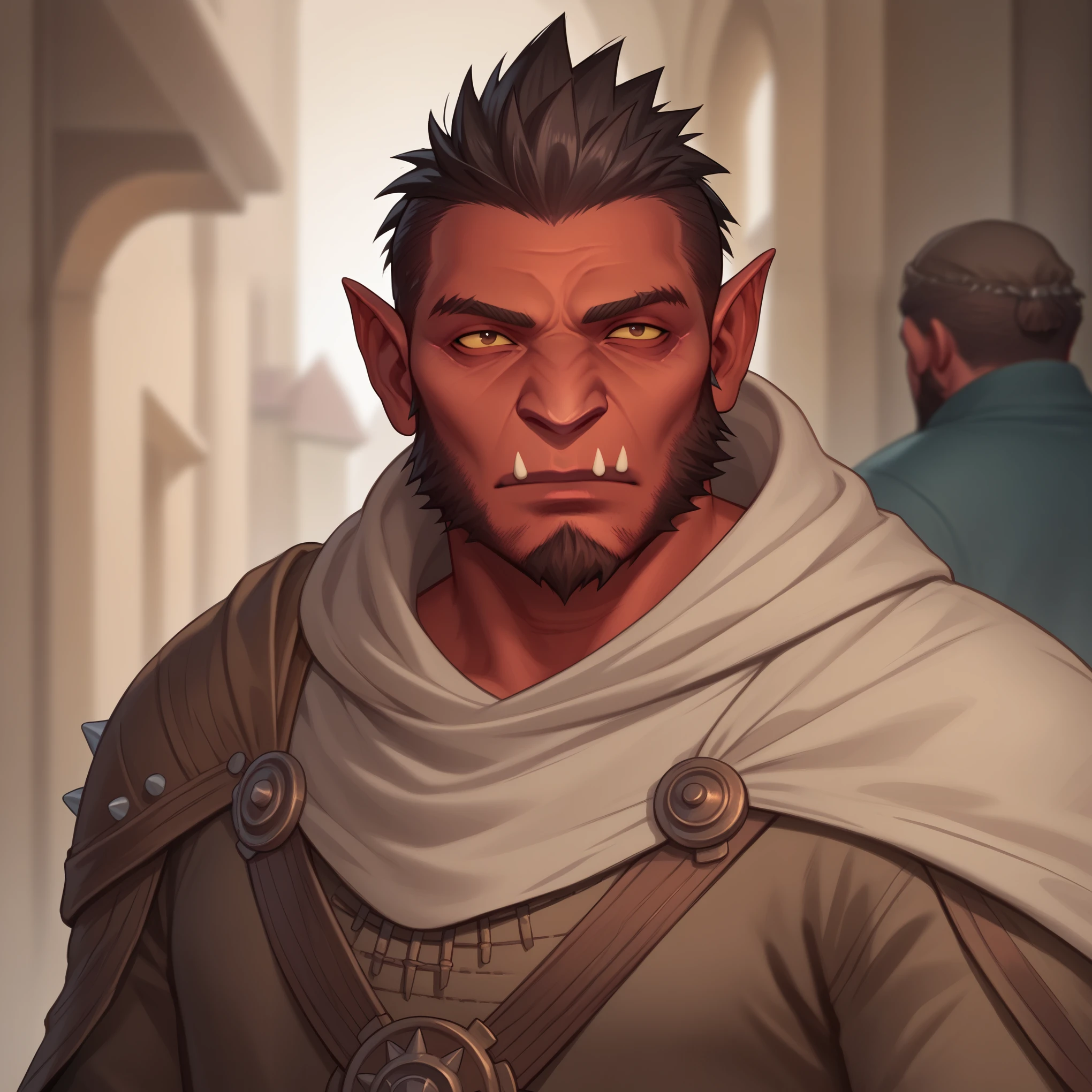 (((high quality, comics style, detailed face))), score_9, score_8_up, score_7_up, BREAK, portrait, solo, male Hobgoblin, red skin, fangs, big nose, tall, ((short gray-headed, spiked hair, square jaw, short beard, mature, 50yo)), brown monk tunic, hood on head, monk, cleric, fantasy city, blurred background, face focus, Expressiveh, detailxl