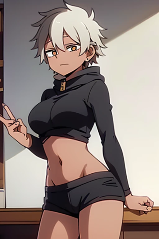 messy hair, white hair, (masterpiece), best quality perfect face beautiful girl, feminine, defined curves, cinematic, aesthetic, shadows, gorgeous, amazing, 1girl, dark, best quality, expressive eyes, (black eyes:1.3) ringed eyes, crop top, midriff, black hoodie, sleeves, black short shorts, in bedroom