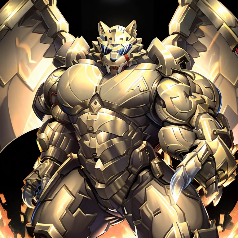 (freddy wolf, 8K), (freddy wolf's giant robot, Powered exoskeleton with the same design as freddy wolf), (Masterpiece, highres) (Detailed head, Detailed Body, Detailed abs, full body) (gigantic muscles, Gigachad Muscular, big muscle, pecs, triceps, traps, unusually developed muscular body, body full of huge muscles. showing off muscles, pectorales enormes, Exaggeratedly huge muscles.) (nj5furry, The claws are sharp, Sharp teeth, sharp claws), (long legs), (Spread wings, It has wings, have big wings, golden wings), (Wrestling, wrestler, the bodybuilding), (It has wings, whole body shines like metal, Wearing cyberpunk mecha, emphasizes the muscles, suit fully made of metal, intricate armor, Robotic suit, suit fully made of metal, cyborg), menacing pose, The whole body is golden. no face. BULK UP. The whole body is golden. wearing a full-face helmet. no blue. no red. A pose that shows off your muscles. no face. He is wearing sunglasses. The face is hidden inside the helmet and cannot be seen.