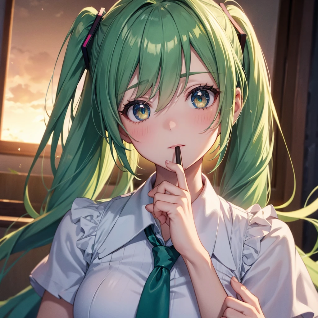 NSFW、Face of a girl with a ball and a penis on her head、Deep throating、blow job、Face of a girl sucking a penis and lots of penises、penises、close up of face、penises、penises、penises、facial cum shot、blow job、Face of a girl sucking a penis、big penis、Semen、Kamimei、Take a picture of your face、Face and penis、Two-tone hair、gloves, neck tie, red necktie、 Taken from above、yogurt、angry looking face、glares、A look of contempt(Green eyes:1.5), Green hair, hair messy, multicolored hair, thick eyelashes, Two-tone hair、 Red cheeks、Blair K (masutepiece:1.2), Best Quality, High resolution, Unity 8k壁纸, (Illustration:0.8), (Beautiful detailed eyes:1.6), extra detailed face, Perfect Lighting, extremely details CG, (Perfect hands, Perfect Anatomy)