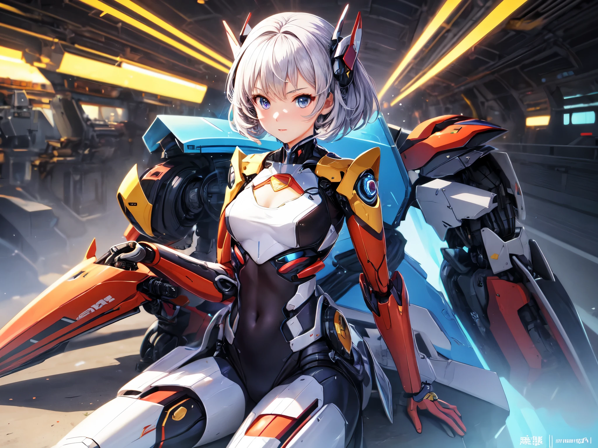 A girl with a school contract piloting a large mechanical robot being piloted by a mecha in a humanoid shape