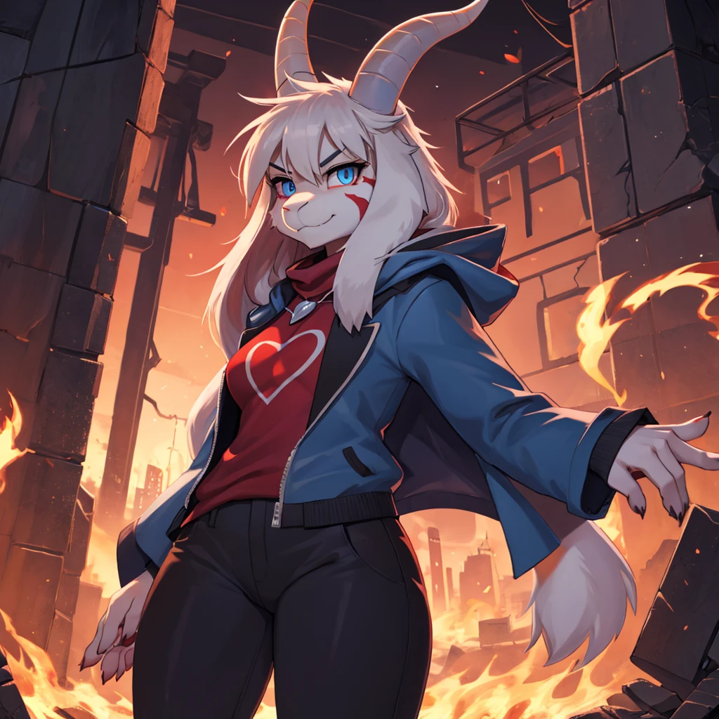 woman,  adult, angry, black marks on her body, alone, inside a destroyed city, destroyed city, phoenix in flames, furry, goat, anthropomorphic goat, with red fur, her fur is red, reddish furry, red furry , scarlet fur, flaming fur, Asriel, Undertale ((Asriel Dreemurr)), average large breasts, big ass, wide hips, perfect female body, tall, ((long hair, long white hair, straight hair)), blue eyes, anthropomorphic face, cartoon, smile, eskimo coat ((blue coat, no drawing, eskimo coat)), reddish fur (flaming color, scarlet color) metacarpal paw, black blouse ((white heart in the middle, black pants)) ,wears a golden heart pendant, goat's tail, short horns, white horns ((droopy ears, big ears)), goat's paw, pupils (slit shape), black eyes, anthropomorphic paw, detailed, best quality, best detail, details and quality.