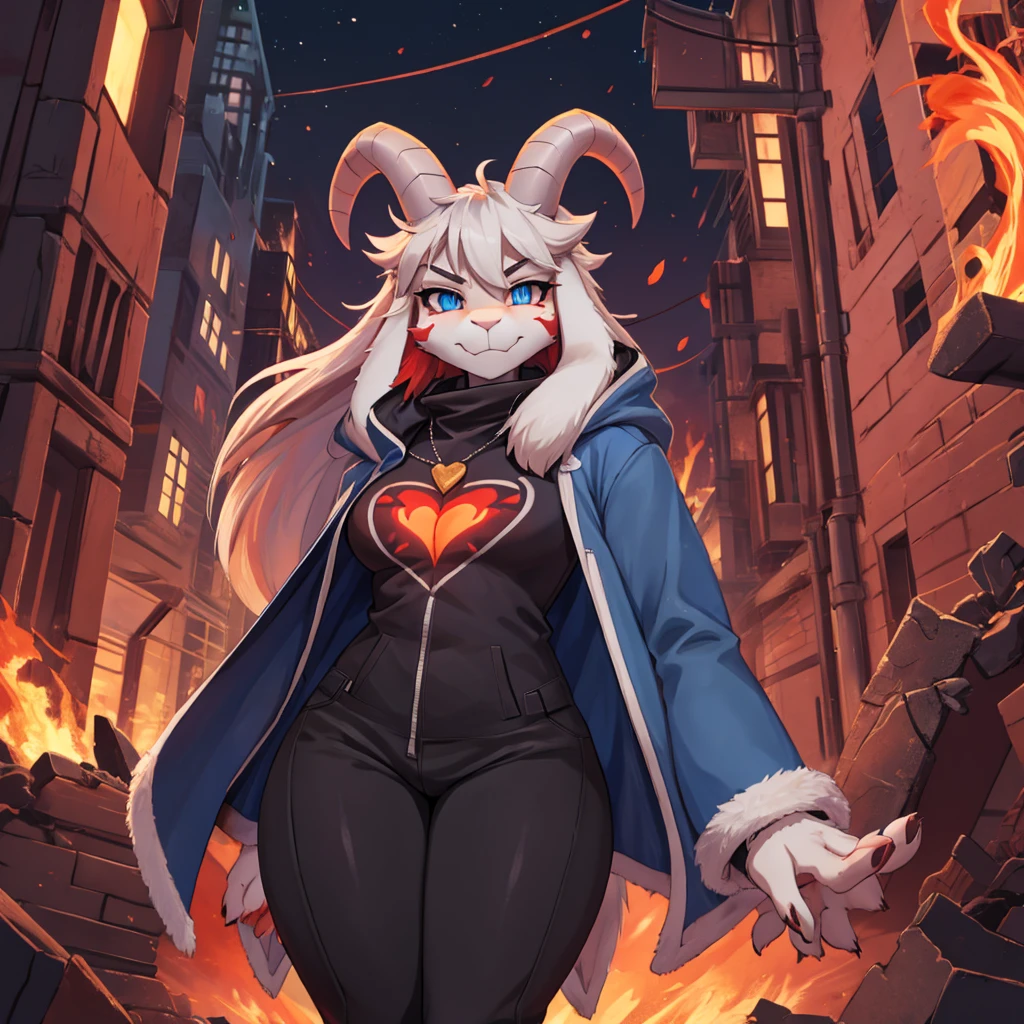 woman, young adult, angry, black marks on her body, alone, inside a destroyed city, destroyed city, phoenix in flames, furry, goat, anthropomorphic goat, with red fur, her fur is red, reddish furry, red furry , scarlet fur, flaming fur, Asriel, Undertale ((Asriel Dreemurr)), average large breasts, big ass, wide hips, perfect female body, tall, ((long hair, long white hair, straight hair)), blue eyes, anthropomorphic face, cartoon, smile, eskimo coat ((blue coat, no drawing, eskimo coat)), reddish fur (flaming color, scarlet color) metacarpal paw, black blouse ((white heart in the middle, black pants)) ,wears a golden heart pendant, goat's tail, short horns, white horns ((droopy ears, big ears)), goat's paw, pupils (slit shape), black eyes, anthropomorphic paw, detailed, best quality, best detail, details and quality.