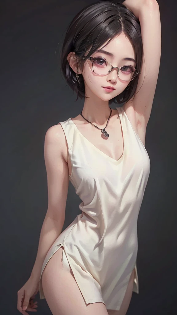 Not fit for work, young, anime girl, glasses, black hair,blows, without underwear, short hair, skull earrings, black skull cap, open clothing, horsetail, Medium layer hair, big breasts, high quality, armpits, looking at the viewer, black background, heart necklace, medium shot, tempting