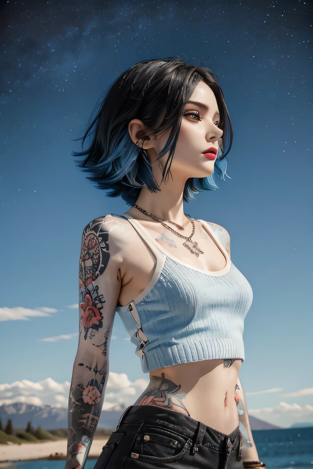 (((black hair, colored inner hair, blue hair))). (bob without bangs) hairstyle with volume,Ukrainian young woman((very pale white skin)), toned body,
((tattoo))((red crop top)) (knit vest), (shredded LACE-UP denim SKIRT), many(necklaces), (Many earrings)(many bracelet). knit is open in the front. (fishnet) Looking up at the sky in amazement at the aurora that covers the entire sky in Canada