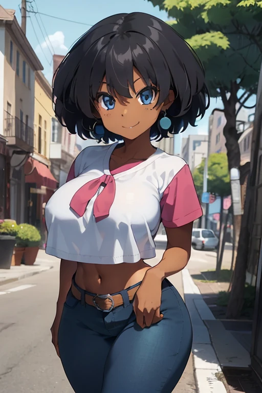 1 female, afro hair, black afro hair black girl afro hair, darker skin, brown skin, huge breast, thick legs, light blue eyes, pink sweater, blue jean, long jean, belly button long shirt, boots, home, bedroom, happy face, thick ass, butt butt, sexy pose, walking, smile
