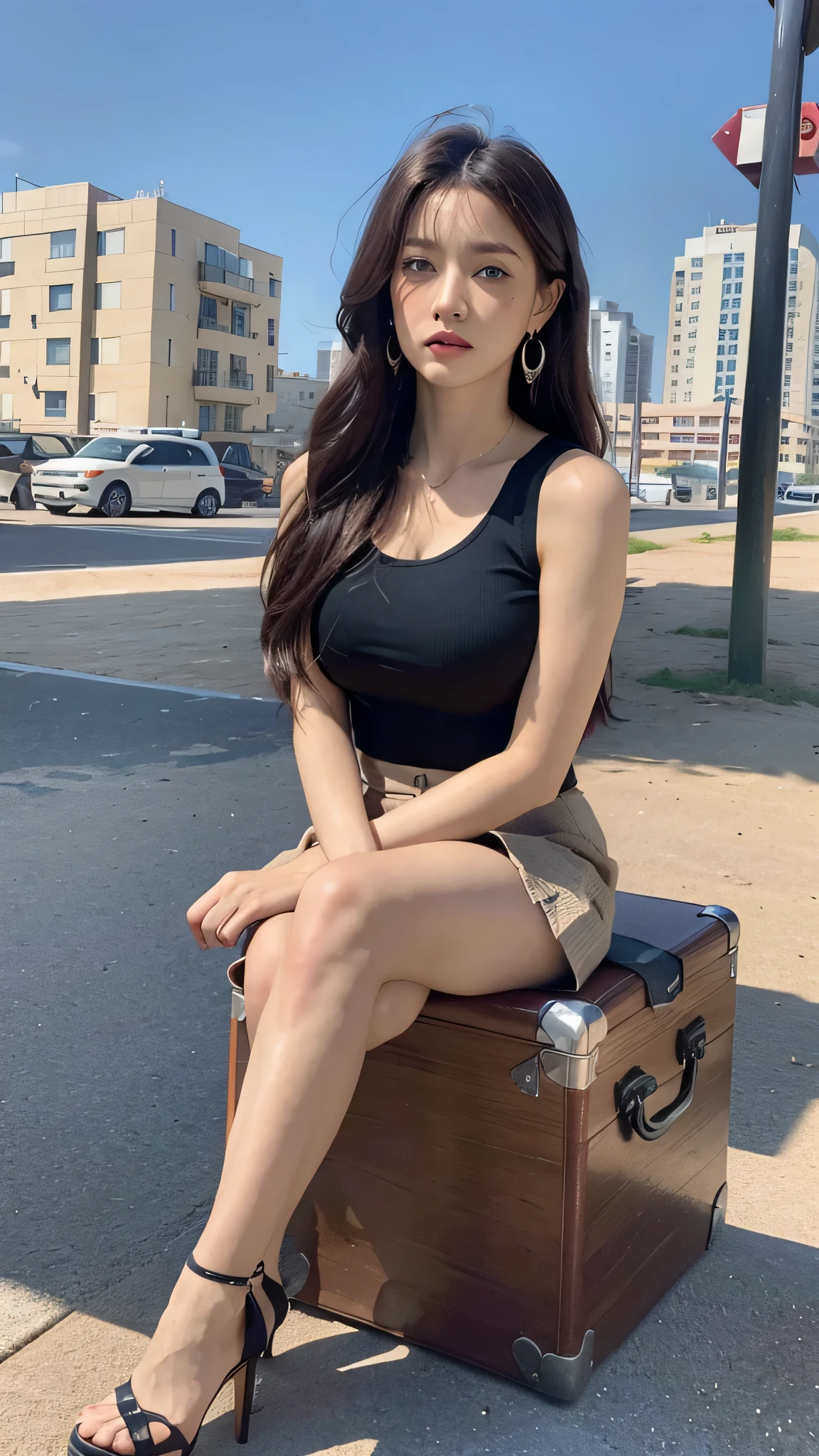 Goddess woman, cowboy shot, bokeh, seductive look, black sleeveless shirt, beige choir skirt white belt, lying down