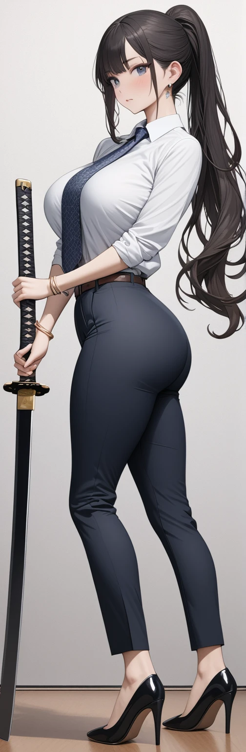 ((masterpiece)), ((high quality)),((ultra-detailed)), ((extremely detailed)),4K,8K, wearing navy pants suit, 2, in Office Suit, Office pants,very tall girl with a perfect big butt, 1girl, little big ass, tight suit,big breasts, Roll up sleeves ,black hair, ponytail, office lady, full body closed-up, black patterned floury pumps, plain background, earrings,  Tuck in shirt, hand on elegant Japanese sword with sheath, brown belt,bangs bangs, cold beauty, perfect hands, perfect face, perfect eyes, perfect body, Japanese style hair ornament, bracelet, holding_sword, Angle from front, blue plaid necktie, stand with own legs apart